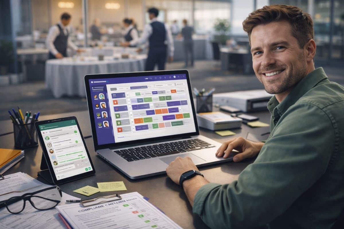 Event staffing operations manager using a workforce management dashboard on a laptop while coordinating event staff preparing a venue in the background.