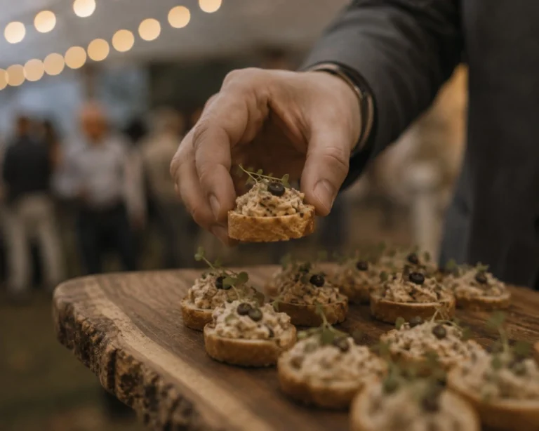 Catering staff serving canapes at an event, managed with Liveforce catering staff scheduling software