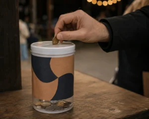 Hand placing a coin in a donation tin, supported by Liveforce charity staffing software