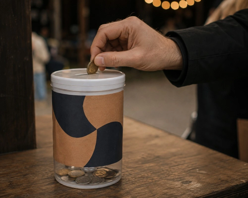 Hand placing a coin in a donation tin, supported by Liveforce charity staffing software