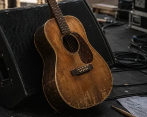 Guitar and amp on a stage before a show, crewed with Liveforce entertainment scheduling software