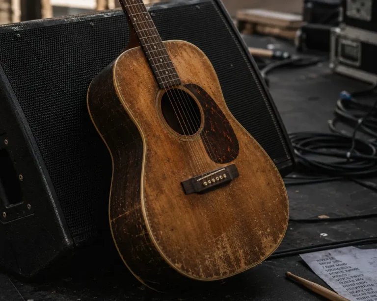 Guitar and amp on a stage before a show, crewed with Liveforce entertainment scheduling software