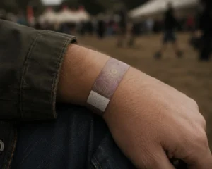 Festival crew member wearing a wristband on site, managed with Liveforce festival staffing software
