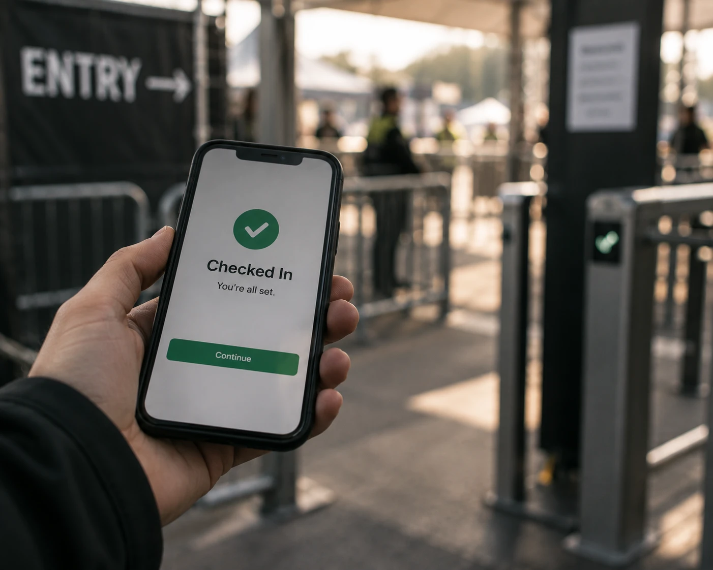 Crew member checking in on a phone at an event entry gate using Liveforce mobile staff check-in