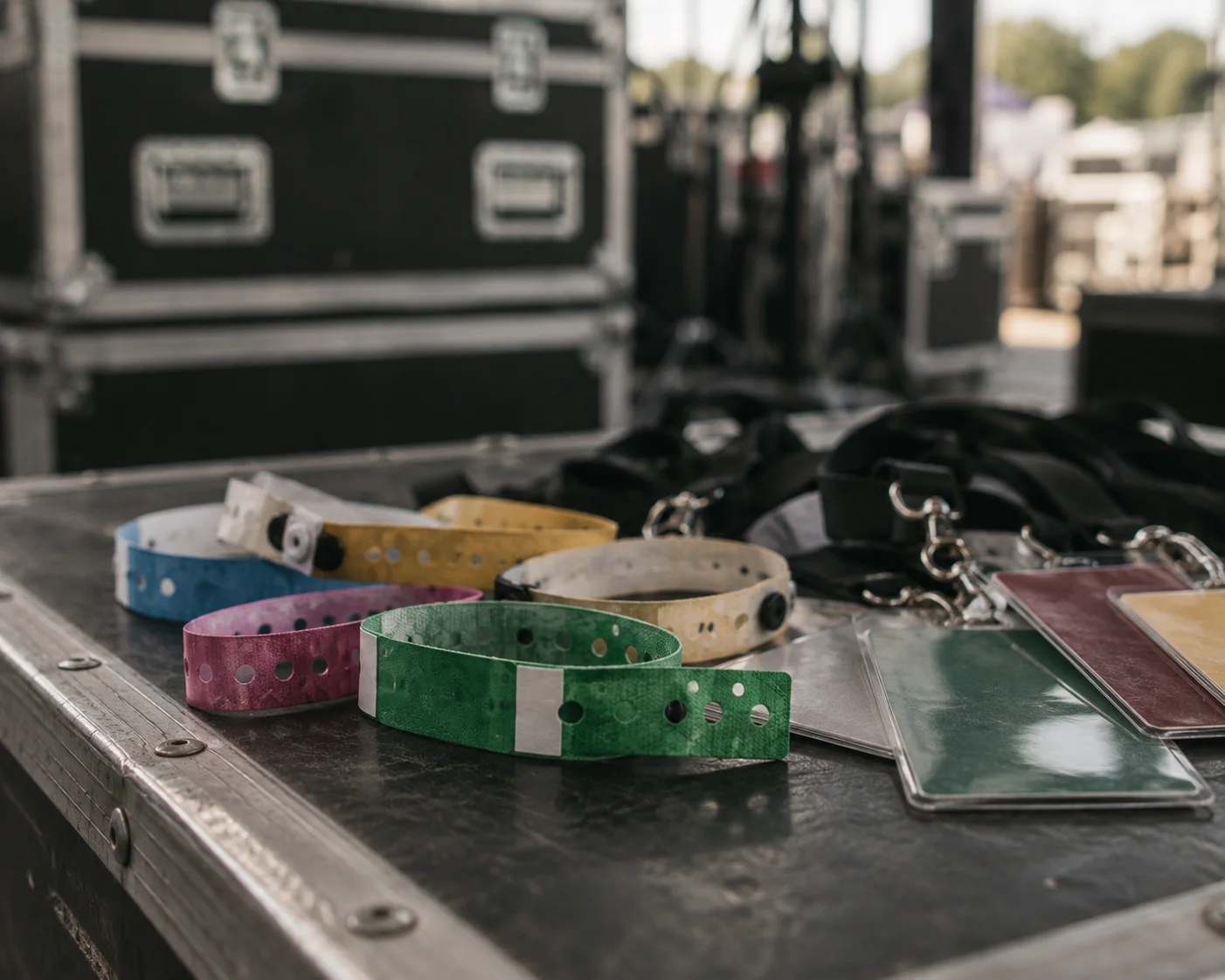 Event wristbands and passes on a flight case, coordinated with Liveforce multi-event staffing software