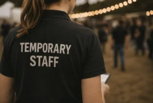 Event crew member in a temporary staff t-shirt, managed with Liveforce temporary staffing software