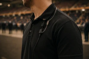 Venue steward with a headset inside an arena, scheduled using Liveforce venue staffing software