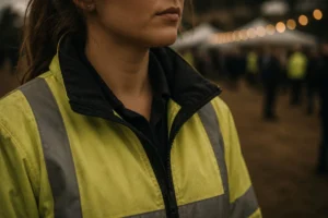 Event volunteer in a hi-vis jacket on site, coordinated with Liveforce volunteer scheduling software