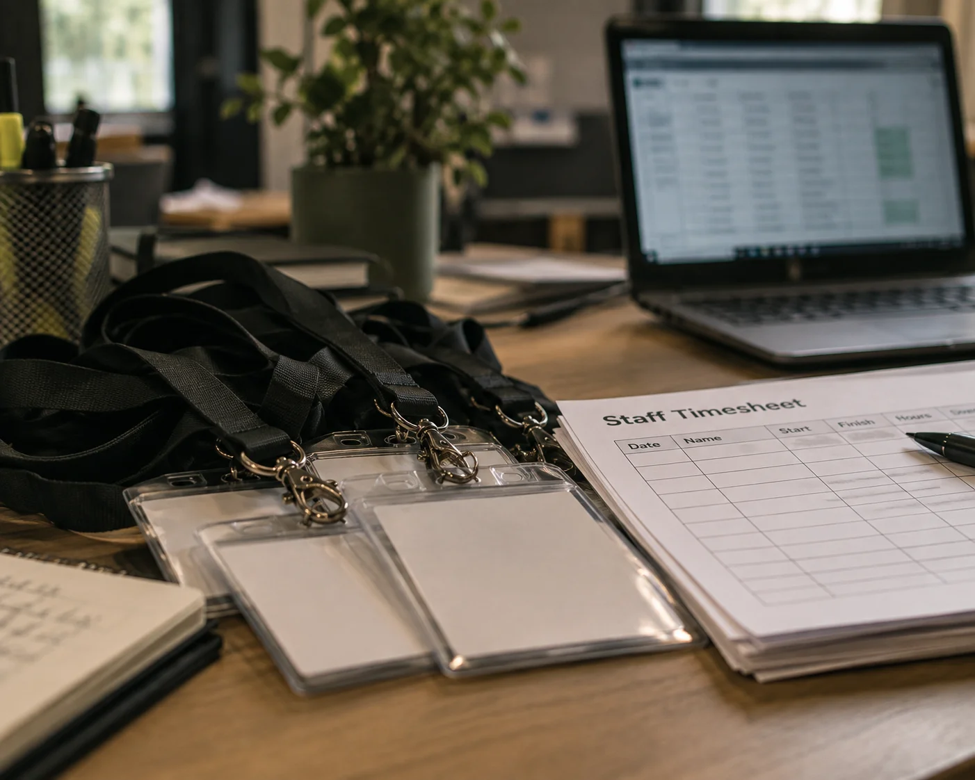 Staff timesheet and event passes on an agency desk, managed with Liveforce workforce management software